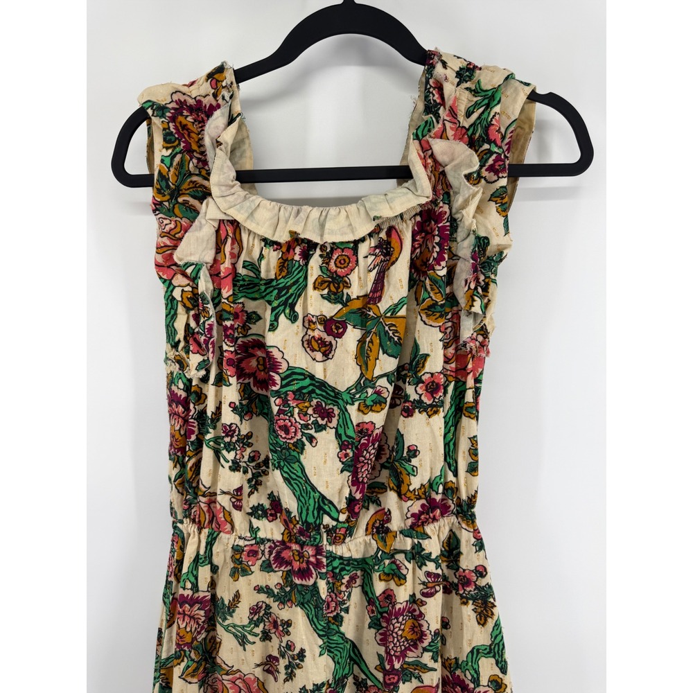 Figue Womens Floral Bird Print Tassel Ruffle Midi Dress Cream Gold Lurex Size M - Picture 7 of 8